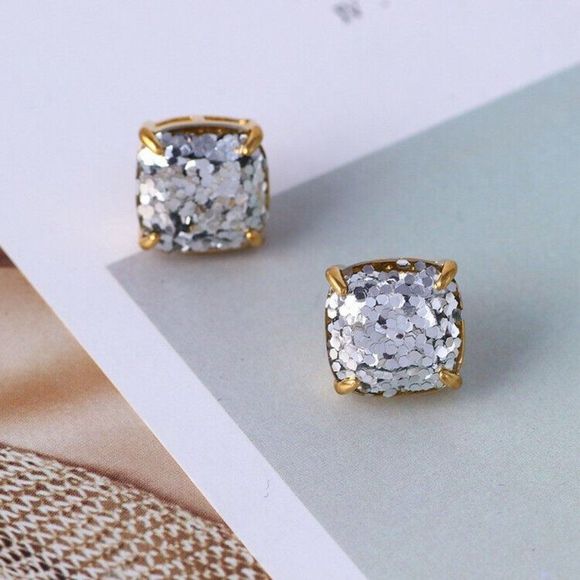 Kate Spade Glitter Square Stud Earrings - Small SILVER  with Dust Bag - Picture 2 of 7